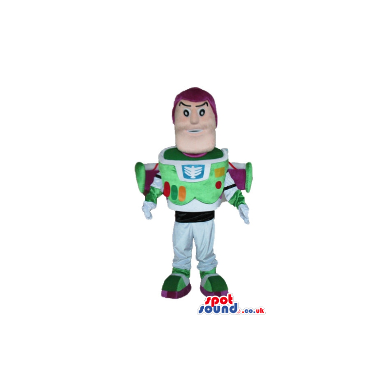 Buzz lightyear with a white suit decorated in green, and purple