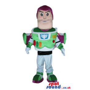 Buzz lightyear with a white suit decorated in green, and purple