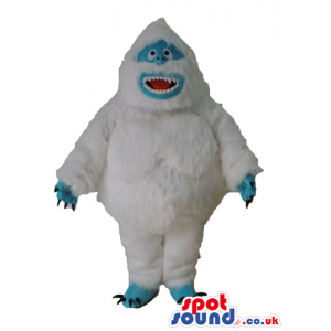 Snowman with light blue face, hands and feet and sharp teeth -