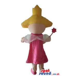 Witch wearing a pink dress and a yellow hat holding a magic