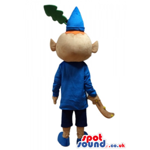 Elf with triangular ears wearing a blue shirt, blacke trousers