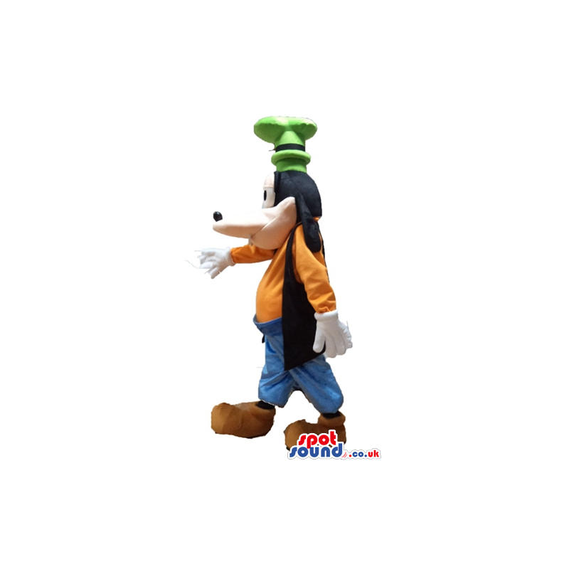 Goofy wearing an orange sweater, a black vest, blue trousers