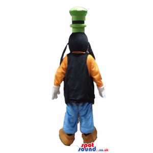 Goofy wearing an orange sweater, a black vest, blue trousers