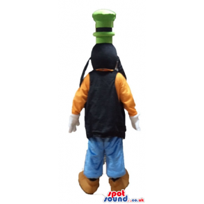 Goofy wearing an orange sweater, a black vest, blue trousers