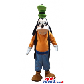 Goofy wearing an orange sweater, a black vest, blue trousers