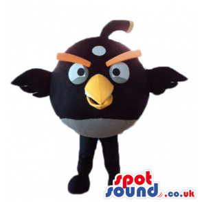 Black angry bird with thick orange eyebrows and a yellow beak -