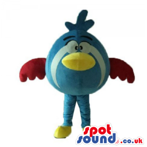 Blue angry bird with thick eyebrows, red wings, and a yellow