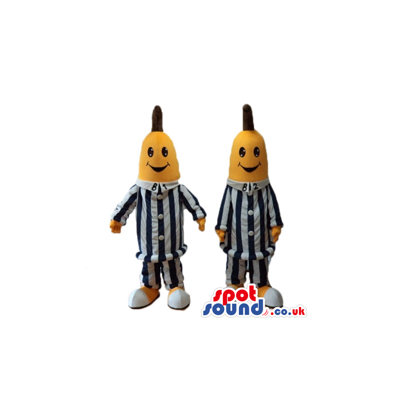 Couple of bananas in pajamas wearing striped black and white