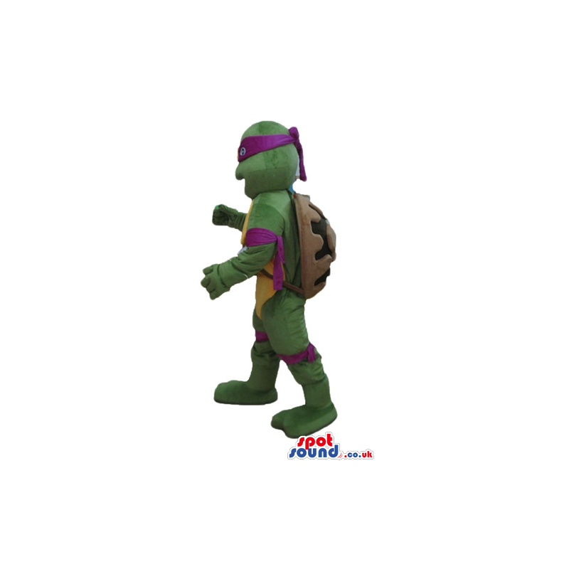 Ninja turtle with a yellow belly, a violet mask round the eyes