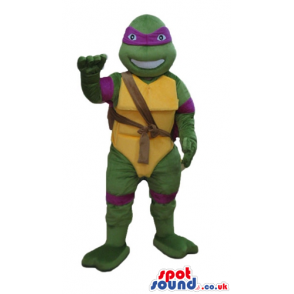 Ninja turtle with a yellow belly, a violet mask round the eyes