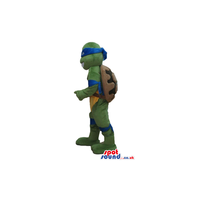 Ninja turtle with a yellow belly, a blue mask round the eyes