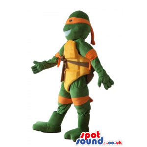 Ninja turtle with a yellow belly, an orange mask round the eyes