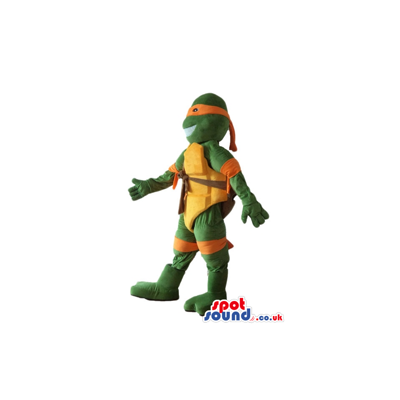 Ninja turtle with a yellow belly, an orange mask round the eyes