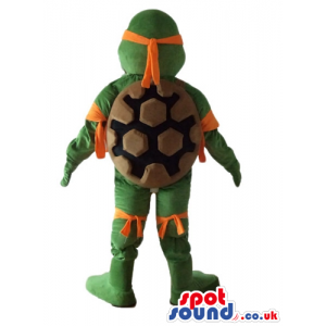 Ninja turtle with a yellow belly, an orange mask round the eyes