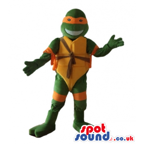 Ninja turtle with a yellow belly, an orange mask round the eyes