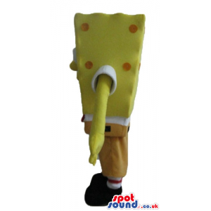 Sponge bob with orange dots wearing brown shorts, and a red tie