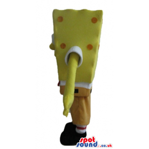 Sponge bob with orange dots wearing brown shorts, and a red tie