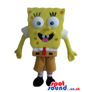 Sponge bob with orange dots wearing brown shorts, and a red tie