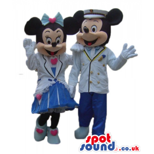 Mickey and minnie wearing a white jacket, blue trousers and