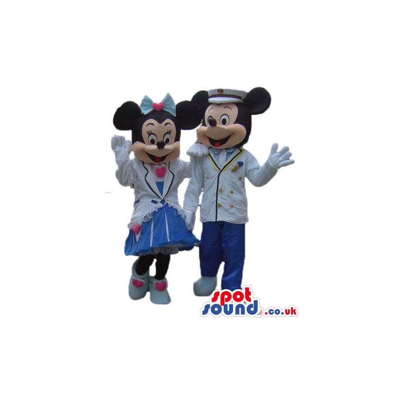 Mickey and minnie wearing a white jacket, blue trousers and