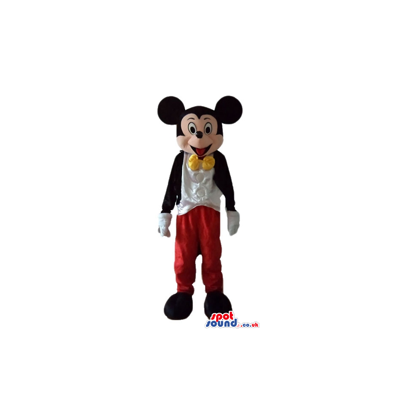 Mickey wearing red trousers, a white shirt, a black jacket and