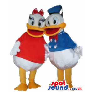 Daisy duck wearing a red t-shirt and a red bow and donald duck