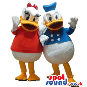 Daisy duck wearing a red t-shirt and a red bow and donald duck