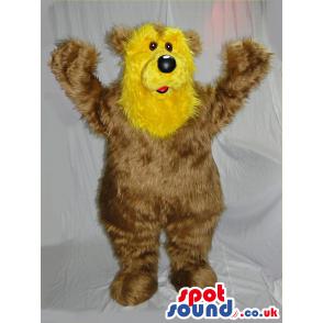 Bear mascot with yellow face and brownish body with round nose