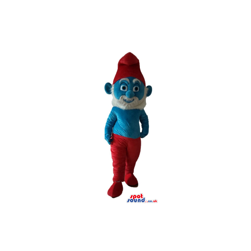 Papa smurf with a white beard, red trousers and a red hat -