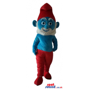 Papa smurf with a white beard, red trousers and a red hat -