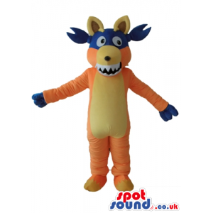 Orange fox with a yellow belly and ears wearing a blue mask