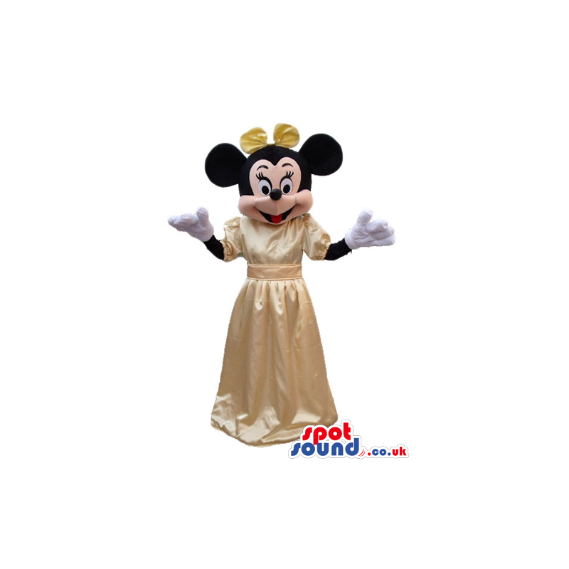 Minnie mouse wearing a creamy silky long dress and a creamy bow