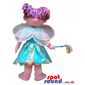 Pink butterfly with purple hair wearing a light-blue and white