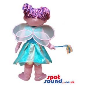 Pink butterfly with purple hair wearing a light-blue and white