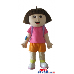 Dora the explorer with long brown hair wearing a pink shirt