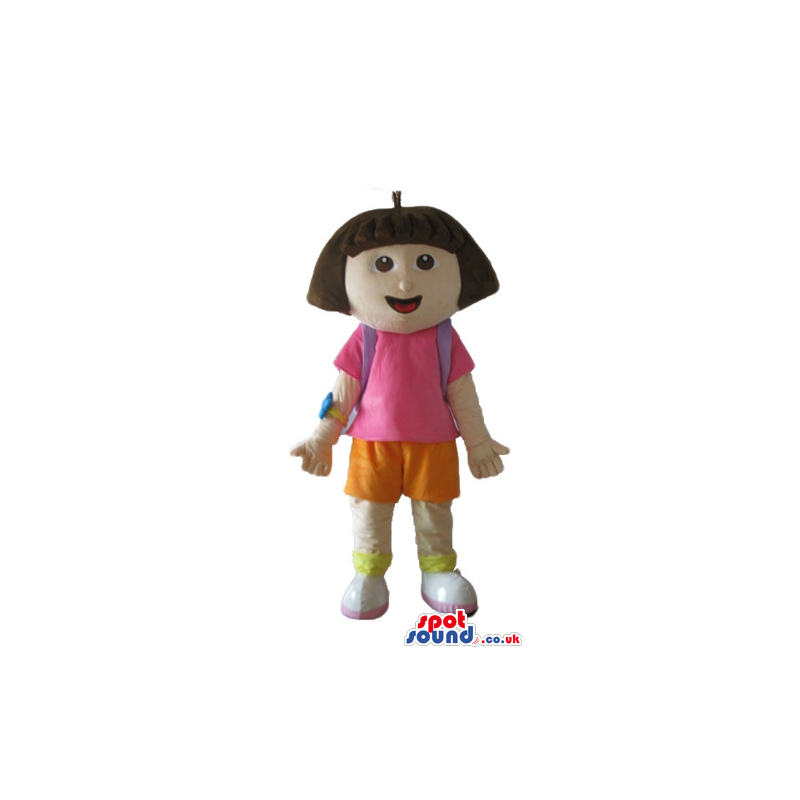 Dora the explorer with long brown hair wearing a pink shirt