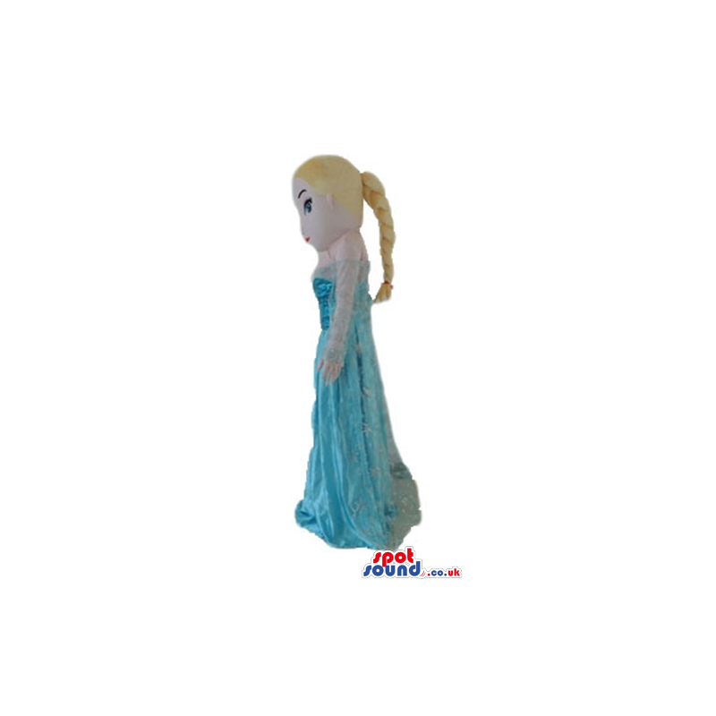 Blonde princess wearing a long strapless light-blue dress -