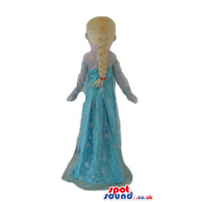 Blonde princess wearing a long strapless light-blue dress -