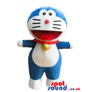 Blue and white cat with big eyes and a big mouth wearing a red