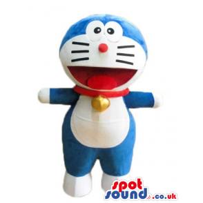 Blue and white cat with big eyes and a big mouth wearing a red