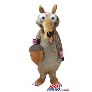 Brown animal with a long nose and big eyes holding a nut -