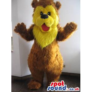 Bear mascot with yellow face and brownish body with round nose