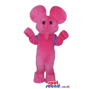 Pink furry elephant with black eyes wearing a light-blue school
