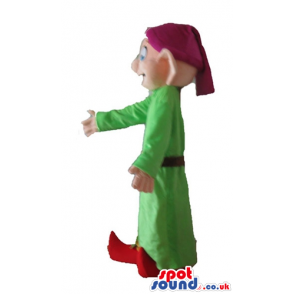 Elf wearing a long green tunic, a purple hat, orange trousers