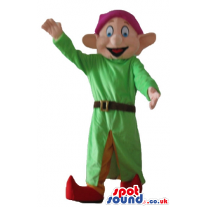 Elf wearing a long green tunic, a purple hat, orange trousers