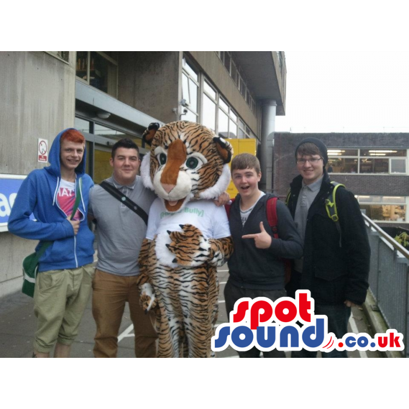 Brown And White Tiger Animal Mascot With Plain T-Shirt - Custom