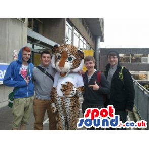 Brown And White Tiger Animal Mascot With Plain T-Shirt - Custom