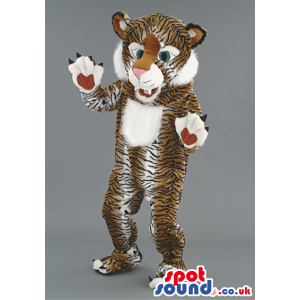 Brown And White Tiger Animal Mascot With Plain T-Shirt - Custom