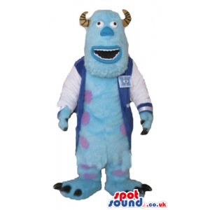 Light-blue monster with brown horns and purple dots wearing a