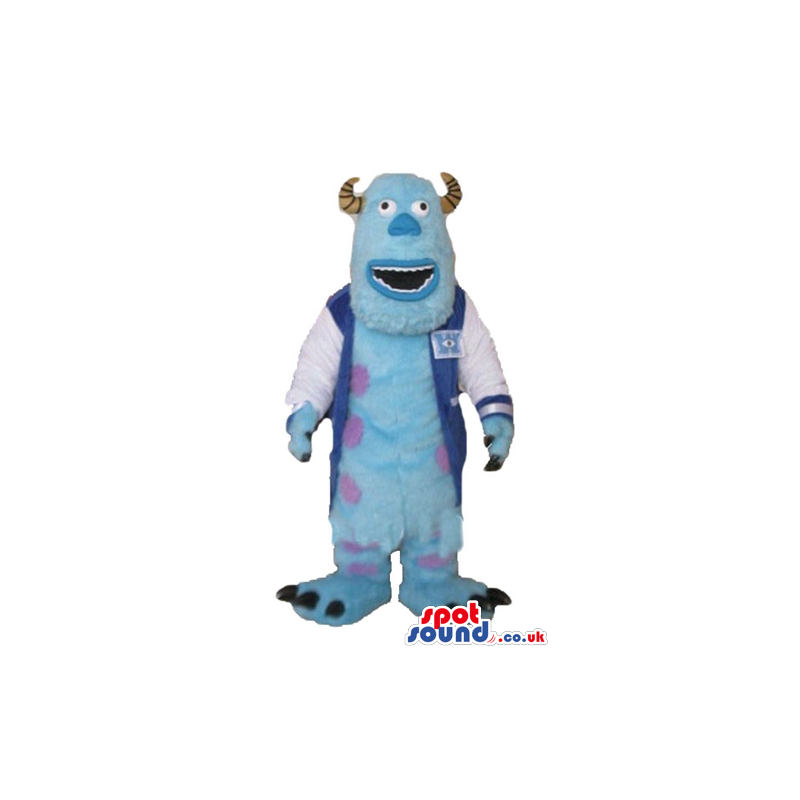 Light-blue monster with brown horns and purple dots wearing a